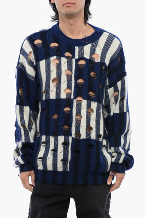 Crew-Neck Tartan Sweater SHIBORI Distressed Effect