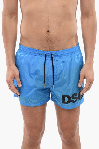 Solid Color Swim Shorts with Printed Logo
