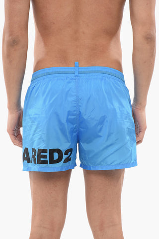 Solid Color Swim Shorts with Printed Logo