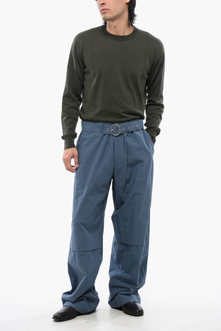Wide-Leg Cotton Pants with Fabric Belt