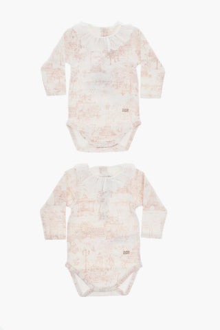 Set of 2 Long-Sleeved Bodysuits with Toile de Jouy Motif
