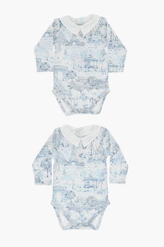 Set of 2 Long-Sleeved Bodysuits with Toile de Jouy Motif