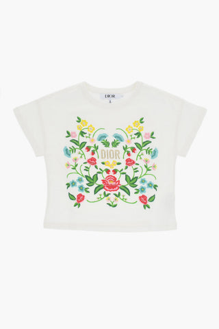 T-Shirt Girocollo in Cotone Leggero con Ricami Floreali