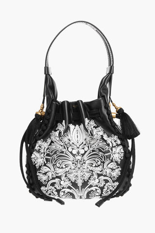 Borsa a Secchiello in Pelle Ricamata con Nappine