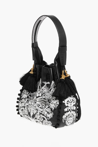 Borsa a Secchiello in Pelle Ricamata con Nappine