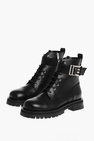 Leather Combat Booties with Ankle Strap and Logoed Buckle