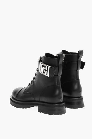 Leather Combat Booties with Ankle Strap and Logoed Buckle