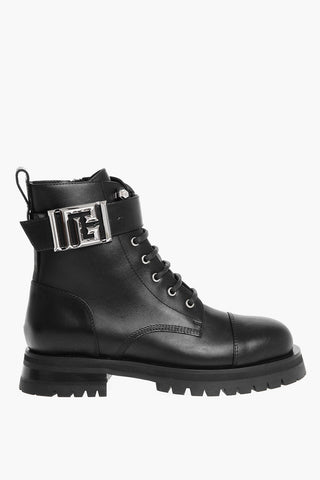 Leather Combat Booties with Ankle Strap and Logoed Buckle