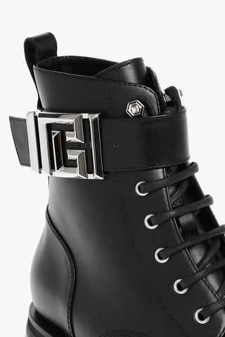 Leather Combat Booties with Ankle Strap and Logoed Buckle