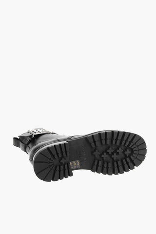 Leather Combat Booties with Ankle Strap and Logoed Buckle