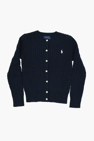 Cable Knit Crew-neck Cardigan with Embroidered Logo