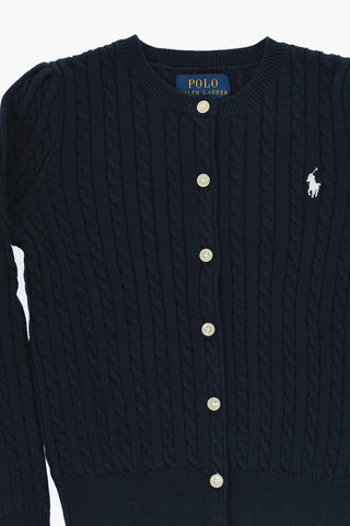 Cable Knit Crew-neck Cardigan with Embroidered Logo