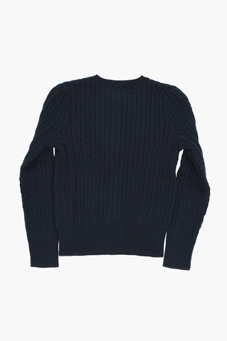 Cable Knit Crew-neck Cardigan with Embroidered Logo