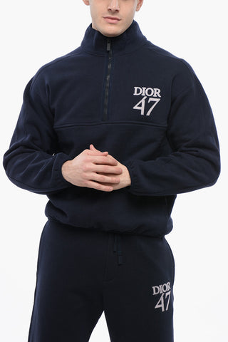 Mock Neck DIOR47 Fleeced Cotton Sweatshirt with Half Zip