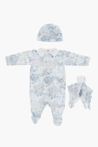 Romper Suit Hat and DOU DOU Set with Toile de Jouy Motif
