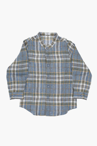 Plaid Checked Linen Mandarin Shirt