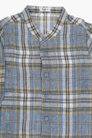 Plaid Checked Linen Mandarin Shirt