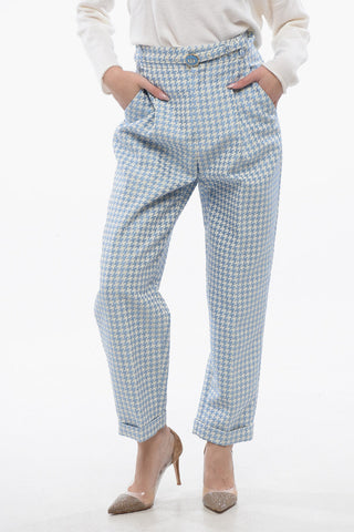 Single-pleated Cotton Blend Pants with Houndstooth Motif and Belt