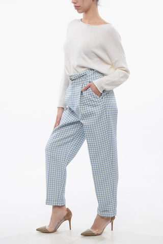 Single-pleated Cotton Blend Pants with Houndstooth Motif and Belt