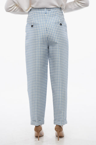 Single-pleated Cotton Blend Pants with Houndstooth Motif and Belt