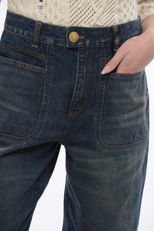 Flared Fit 4-Pocket Jeans with Jewel Button