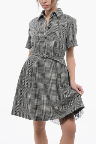 District Check Wool Flared Shirt Dress with Lace Detail