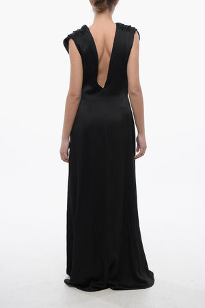 Vestito Smanicato in Satin con Scollo sulla Schiena