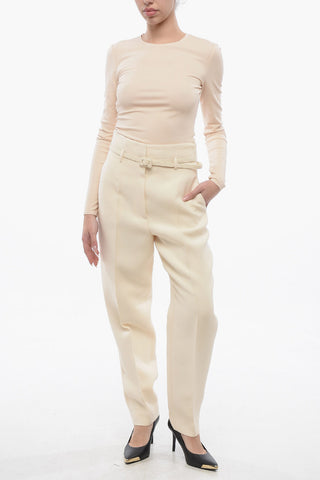 Pantaloni Chino in Misto Lana con Cintura