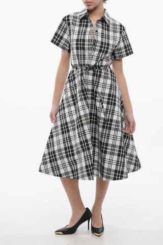 Nylon Midi Shirt Dress with Tartan Motif