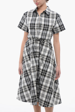 Nylon Midi Shirt Dress with Tartan Motif