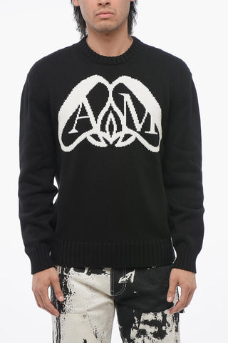 Crew Neck Cotton Pullover with Jacquard Logo