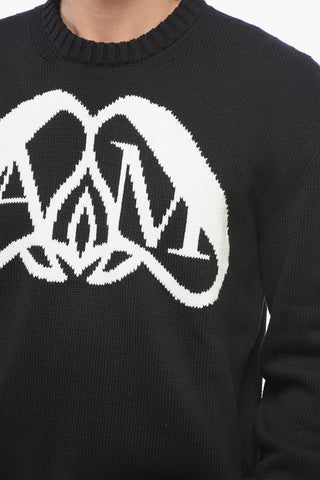 Crew Neck Cotton Pullover with Jacquard Logo