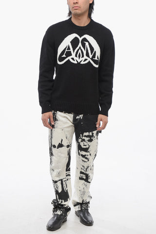 Crew Neck Cotton Pullover with Jacquard Logo