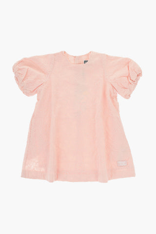 Solid Color Short Sleeved Dress with Floral Embroideries