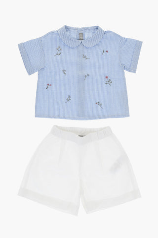 2-Piece Set Consisting of Striped Blouse and Solid Color Shorts