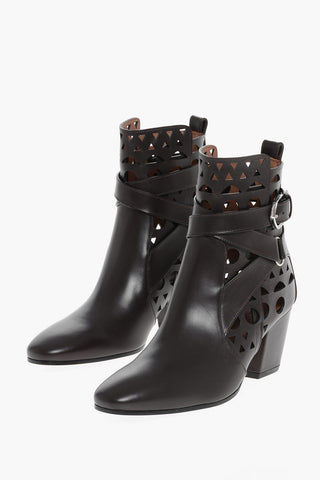 Perforated Leather VIENNE Booties with Ankle Strap 6cm
