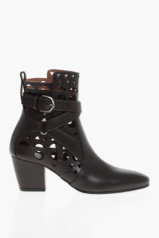 Perforated Leather VIENNE Booties with Ankle Strap 6cm