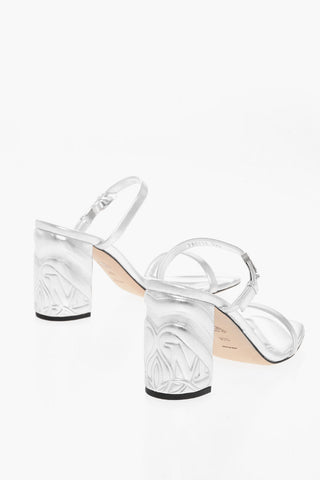 Lamè Leather Sandals with Embossed Heel 9cm