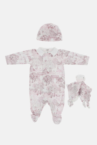 Romper Suit Hat and DouDou Set with Toile de Jouy Motif