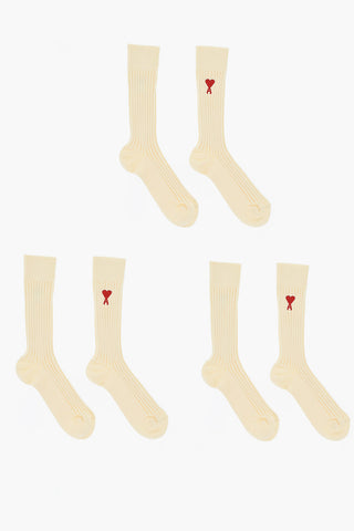 Set 3 Pairs of Long Ribbed Socks with Contrasting Embroidery