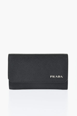 Saffiano Leather Card Holder with Silver Tone Logo