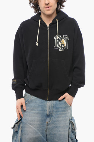 Fleeced-Cotton Sweatshirt with Embossed Embroidery and Zip Closure