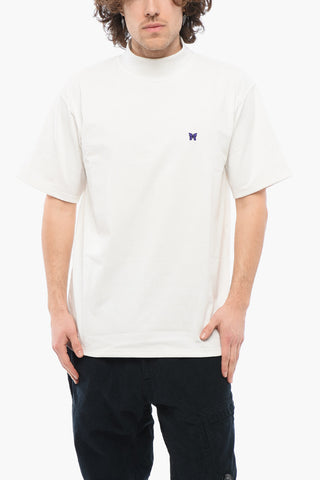 Solid Color Mock-Neck T-Shirt with Butterfly Embroidery