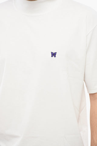 Solid Color Mock-Neck T-Shirt with Butterfly Embroidery