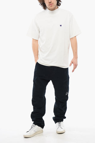 Solid Color Mock-Neck T-Shirt with Butterfly Embroidery