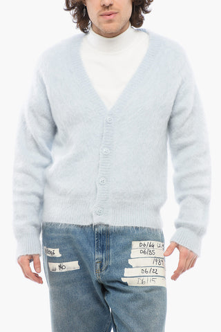 Solid Color V-Neck Fuzzy Cardigan with Embroidered Logo