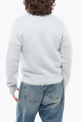 Solid Color V-Neck Fuzzy Cardigan with Embroidered Logo