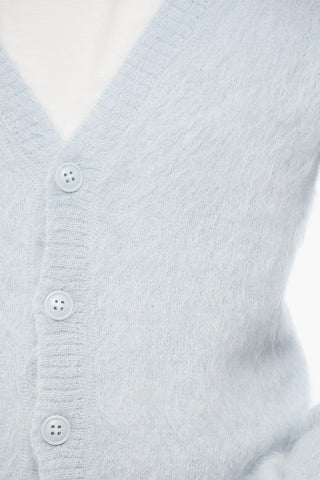 Solid Color V-Neck Fuzzy Cardigan with Embroidered Logo