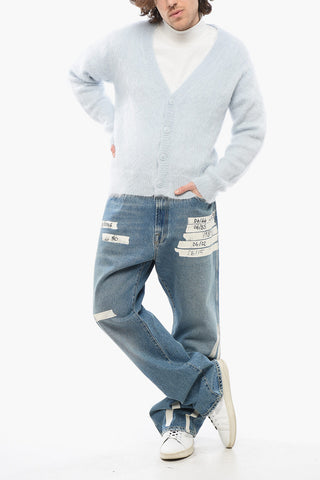Solid Color V-Neck Fuzzy Cardigan with Embroidered Logo