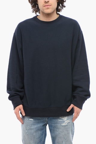 Solid Color Fleeced-Cotton Crew-neck Sweatshirt